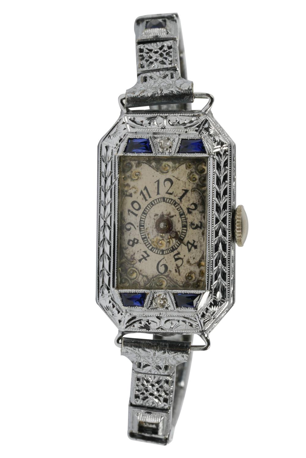 Appraisal: KARAT WHITE GOLD DIAMOND SYNTHETIC SAPPHIRE WATCH karat white gold