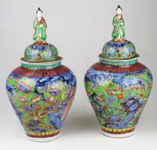 Appraisal: Th C Pair Of Japanese Polychrome Porcelain Jars th c