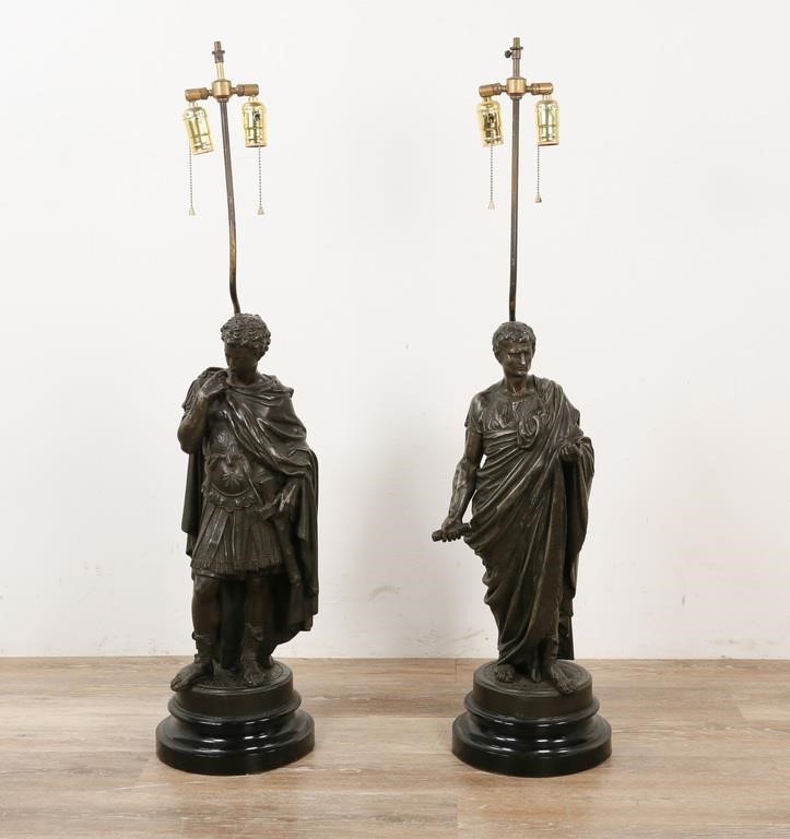 Appraisal: patinated bronze lamps Roman senator and soldier Pull chain and