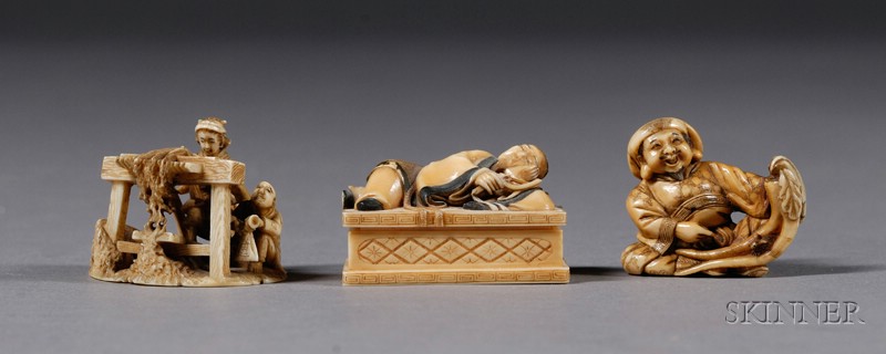 Appraisal: Three Ivory Netsuke th century a man dreaming a threshing