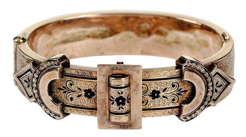 Appraisal: Antique Gold and Enamel Hinged Bracelet black enamel tested at