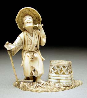 Appraisal: ANTIQUE IVORY OKIMONO Finely detailed small antique carved ivory okimono