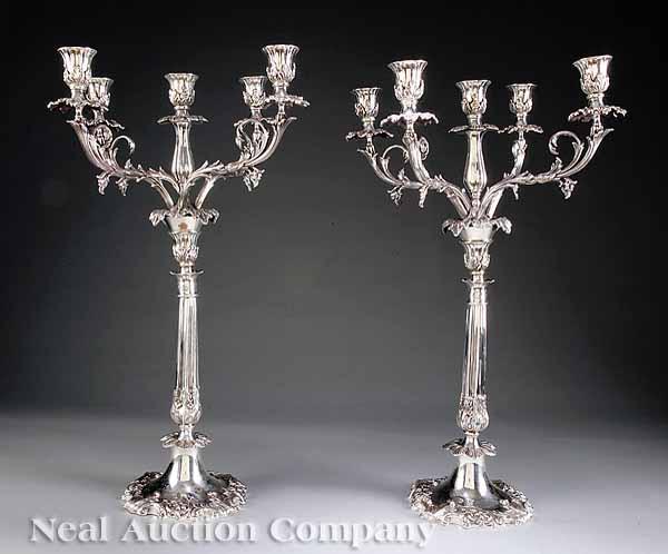 Appraisal: A Monumental Pair of English Silverplate Five-Light Candelabra Joseph Rogers