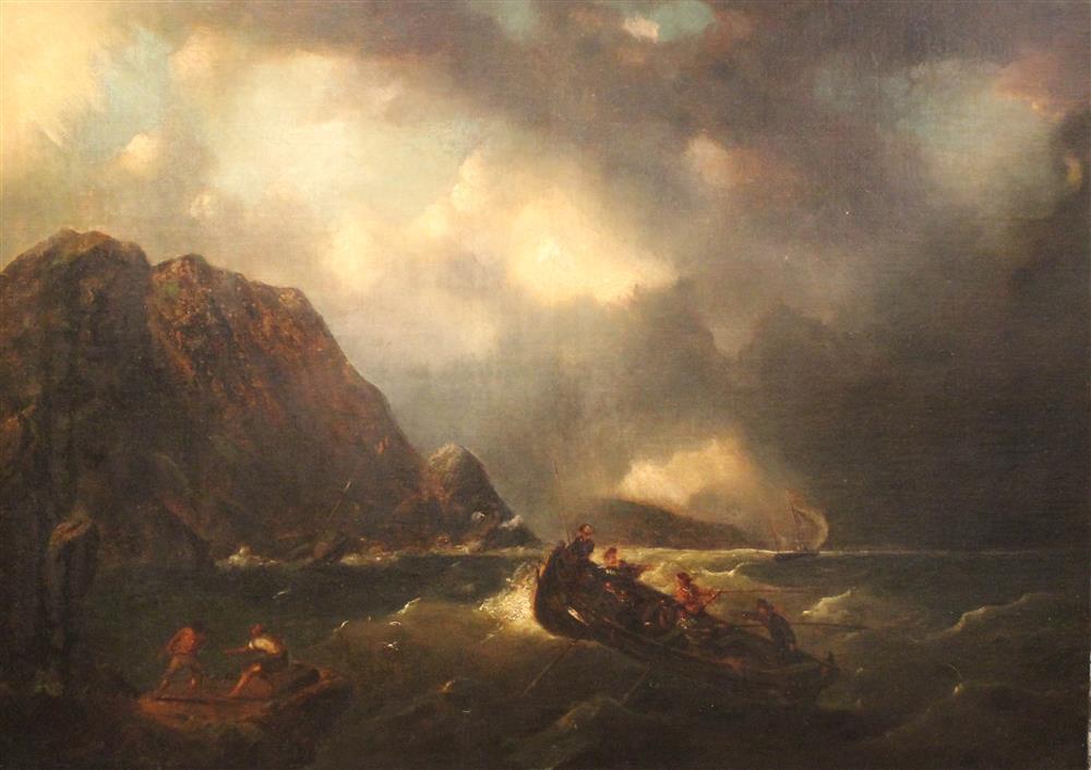 Appraisal: FRENCH SCHOOL TH CENTURY BOATS COMING IN Oil on canvas