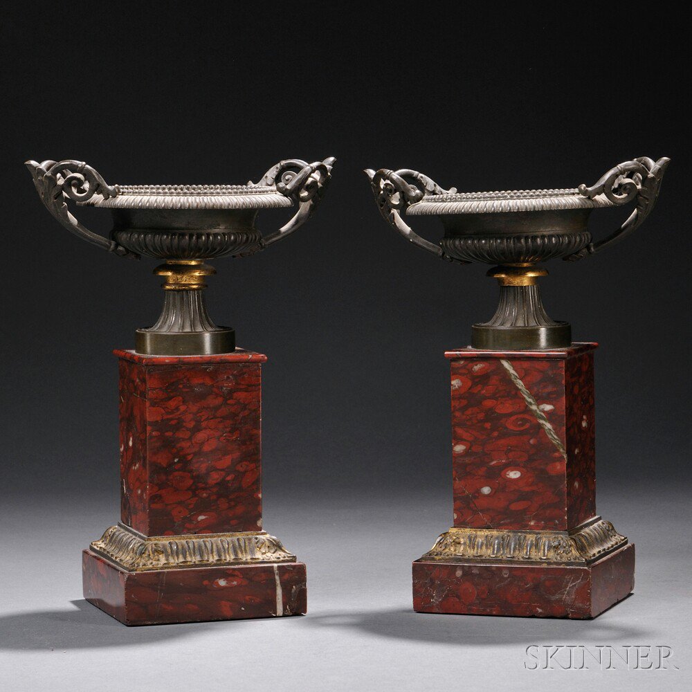 Appraisal: Pair of Etruscan Revival Bronze and Rouge Royal Urns th