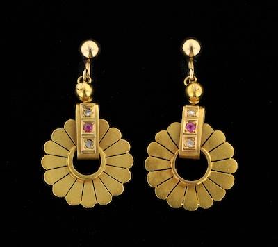 Appraisal: A Pair of European Gold Earclips With Gemstones kt pendants