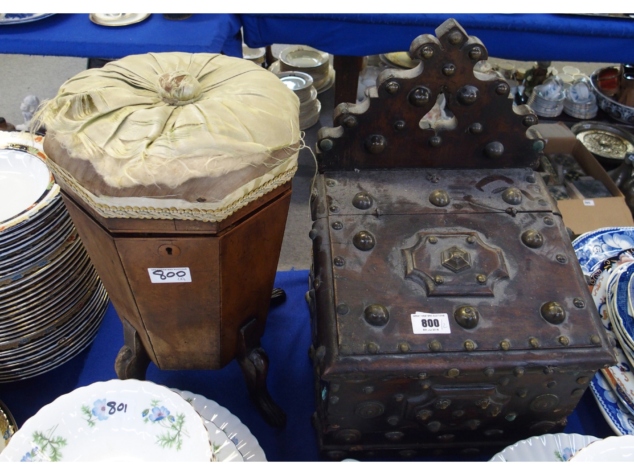 Appraisal: Studded wooden candle box and a mahogany hexagonal sewing box