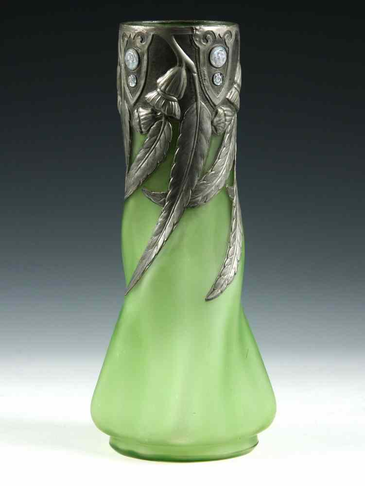 Appraisal: ART GLASS VASE - Art Nouveau French Green Satin Glass