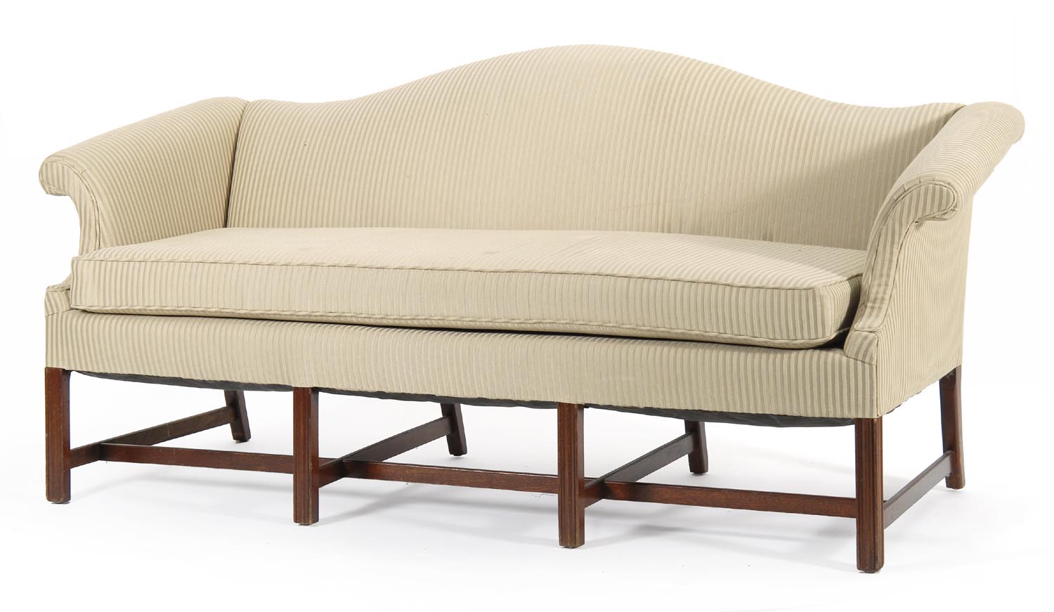 Appraisal: CHIPPENDALE-STYLE CAMELBACK SOFA in a beige striped satin upholstery Mahogany