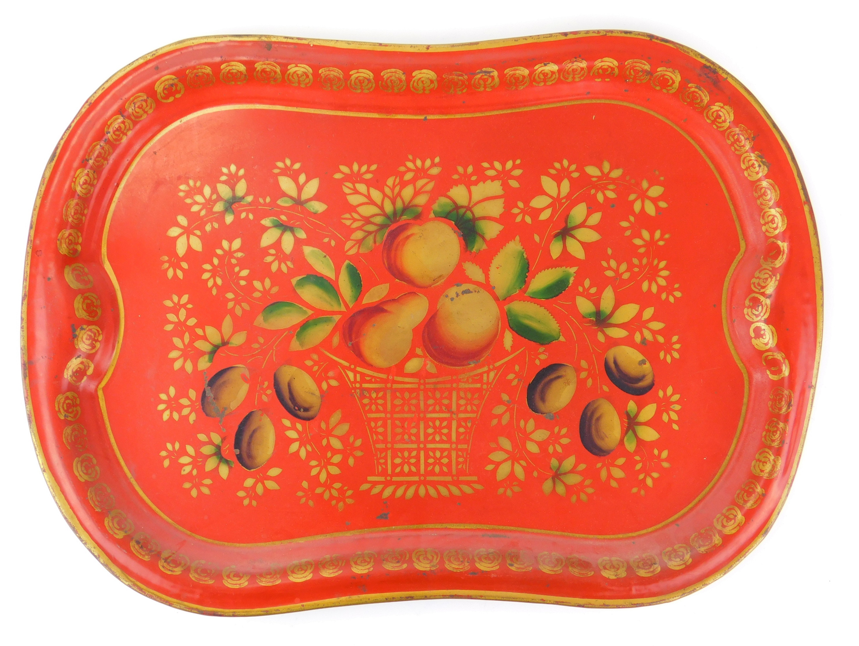 Appraisal: th c red ground toleware tray with gilt basket and