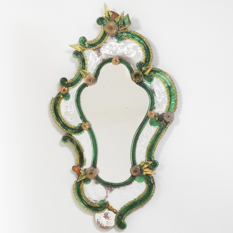 Appraisal: MURANO GREEN ETCHED AND PARCEL-GILT GLASS CARTOUCHE-FORM MIRROR x in