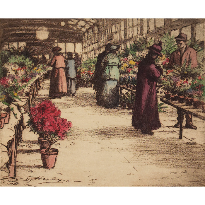 Appraisal: E T Hurley etching Aunt Jenny's Flower Stand x delightful