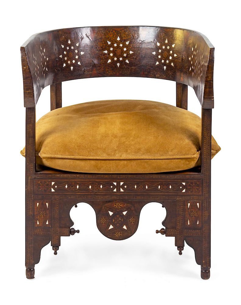 Appraisal: A Syrian Mother-of-Pearl Inlaid Parquetry Armchair A Syrian Mother-of-Pearl Inlaid