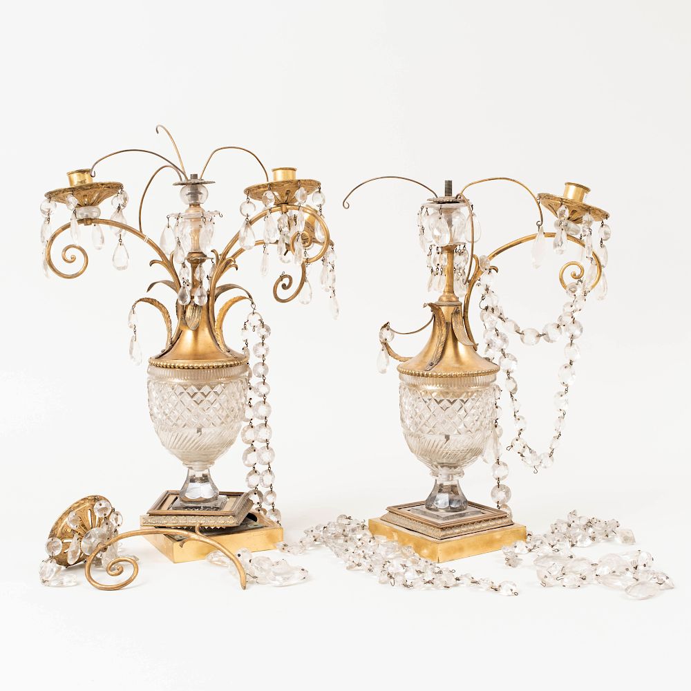 Appraisal: Pair of Gilt-Metal-Mounted Cut Glass Three-Light Girandoles x x in