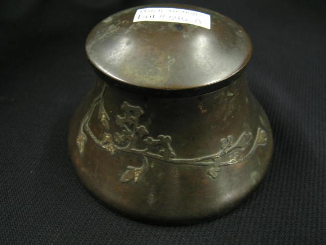 Appraisal: Hientz Sterling on Bronze Inkwell Arts Crafts hinged cover diameter