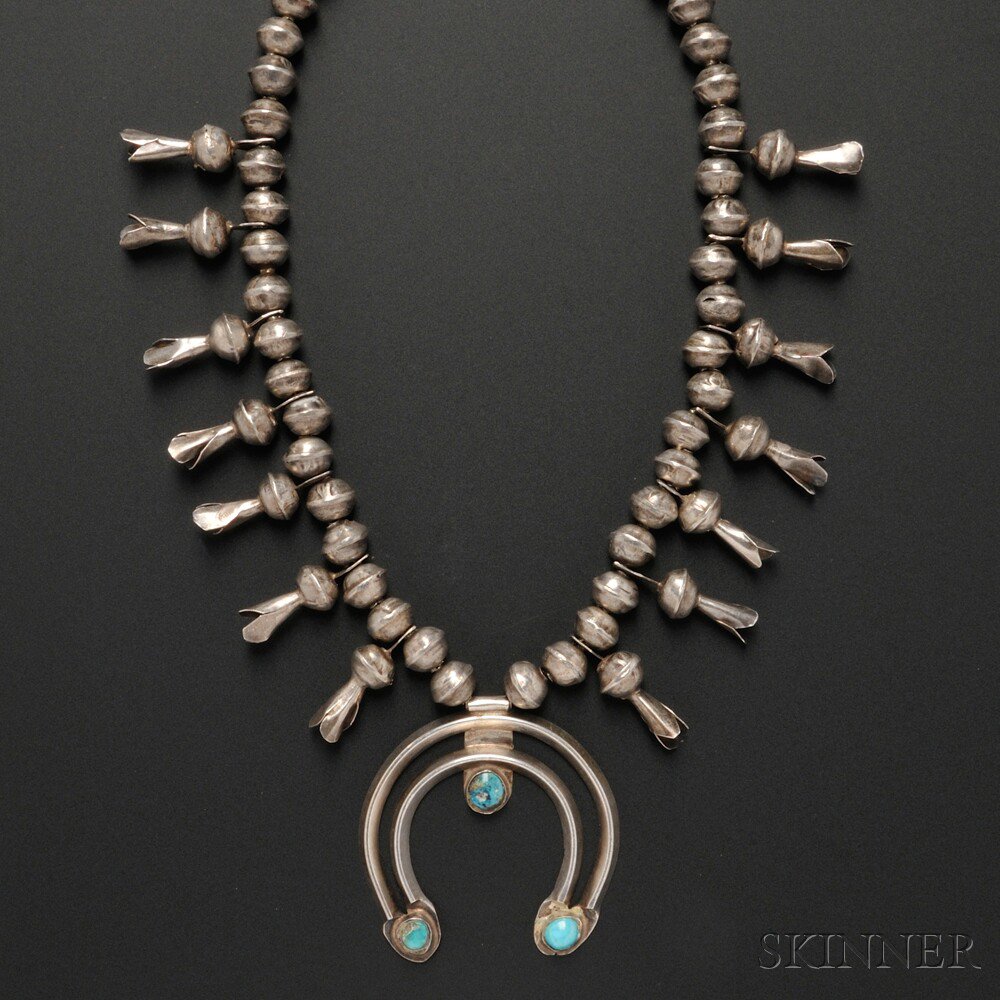 Appraisal: Southwest Silver and Turquoise Squash Blossom Necklace lg in Estimate