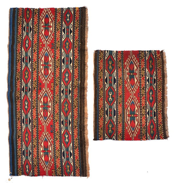 Appraisal: TWO AZERBAIJAN SOUMAC MAFRASH PANELS with hooked medallions on a