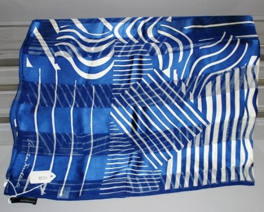 Appraisal: Christian Fischbach blue white geometric design silk scarf Approx size