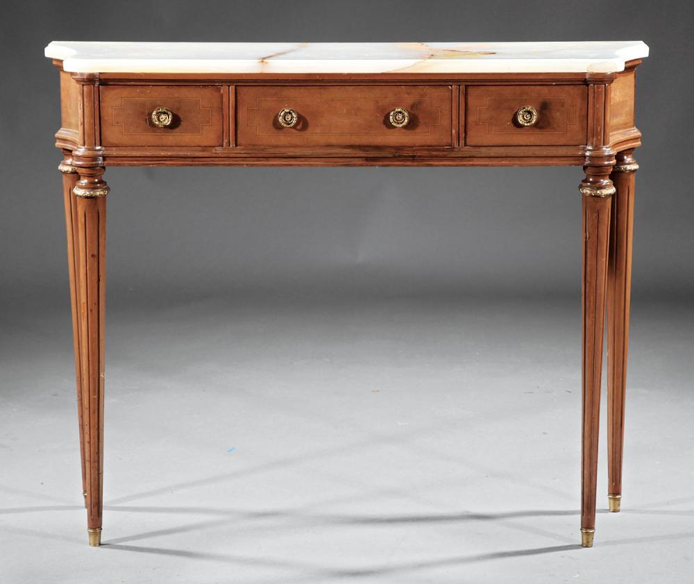 Appraisal: Louis XVI-Style Carved Fruitwood Console shaped onyx top conforming frieze