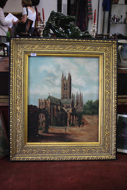 Appraisal: EDWARDIAN ENGLISH SCHOOLView of Canterbury Cathedral oil on canvas signed