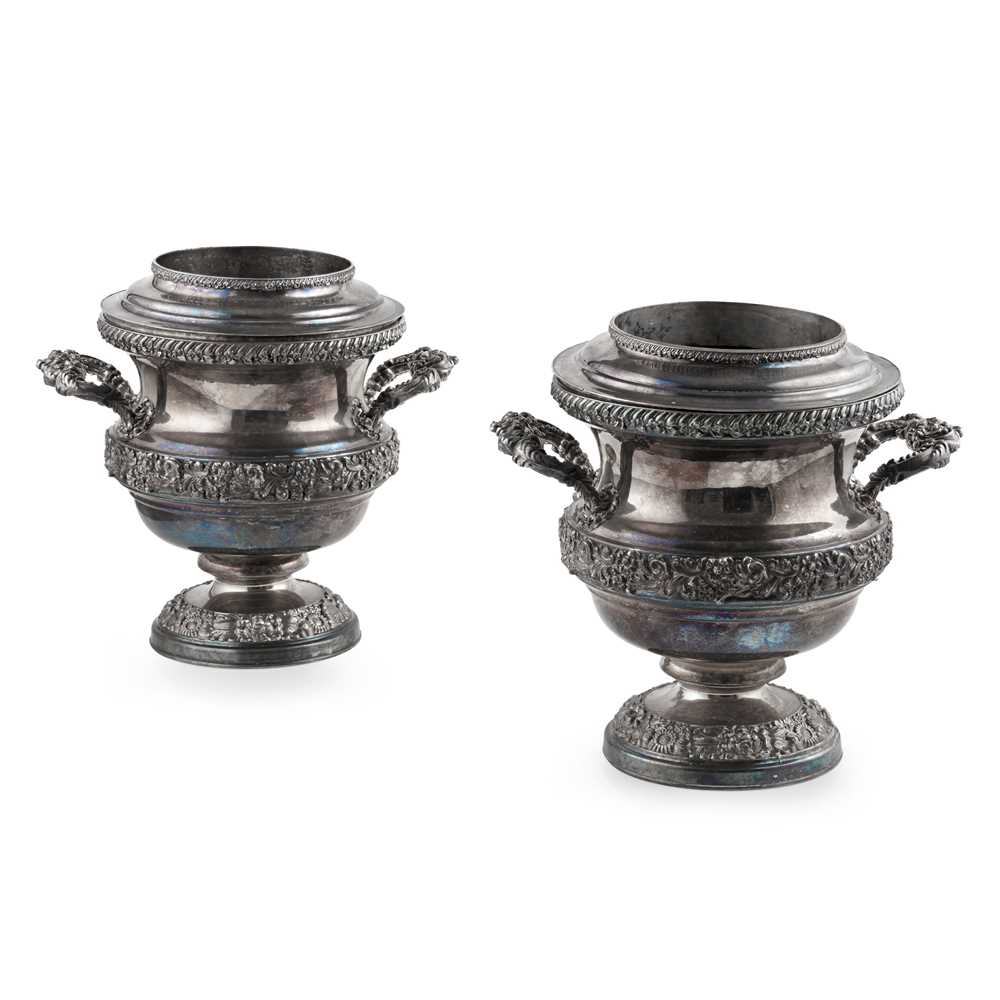 Appraisal: A PAIR OF SHEFFIELD PLATE WINE COOLERS each of campana