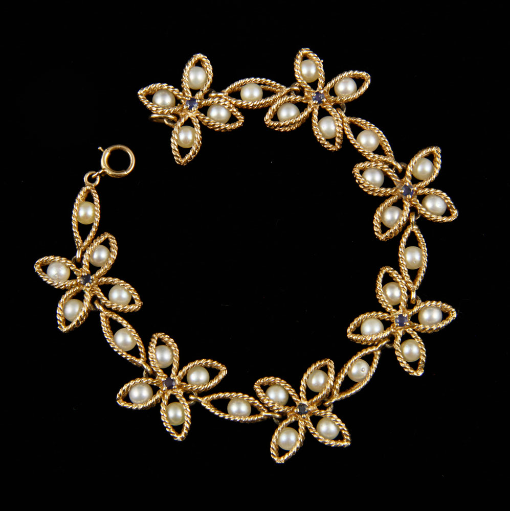 Appraisal: - K Yellow Gold Sapphire and Pearl Bracelet K yellow