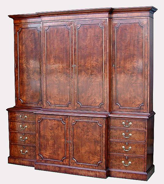 Appraisal: A George III style burl walnut breakfront cabinet The stepped