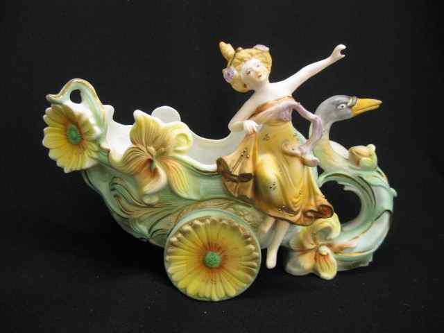 Appraisal: Figural Bisque Porcelain Vase swan chariot girl floral trim ''