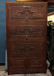 Appraisal: Chinese Hardwood Dragon Cabinet Chinese hardwood cabinet fronted by three