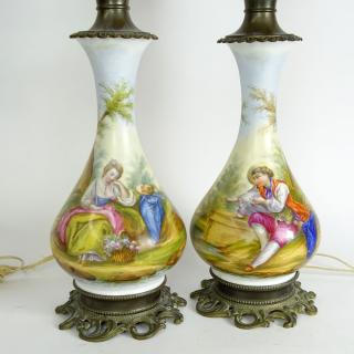 Appraisal: Pair of Vintage French Hand Painted Porcelain and Bronze Lamps