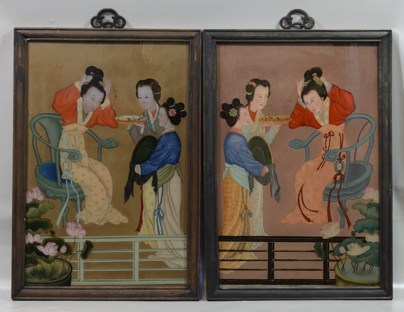 Appraisal: Chinese teakwood framed reverse paintings on glass both painted with