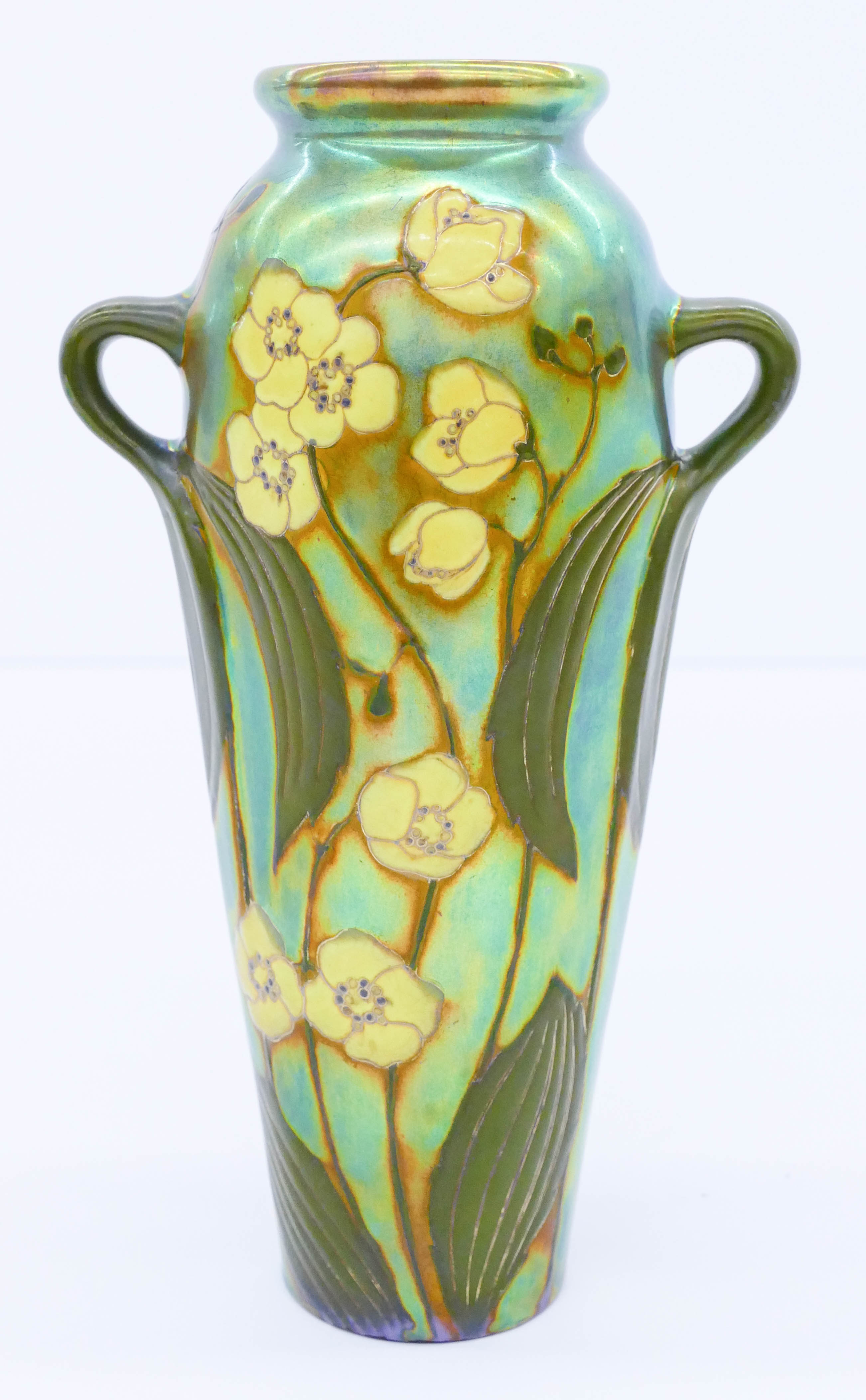 Appraisal: Zsolnay Floral Decorated Eosin Glaze Handled Vase ''x '' Exceptional