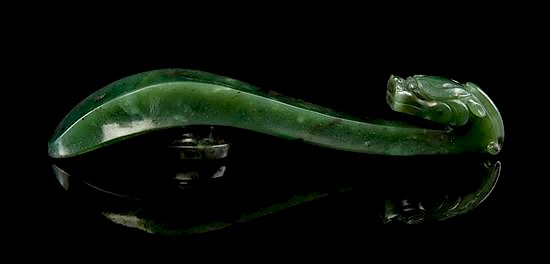 Appraisal: A Spinach Green Jade Belt Hook Width inches A Spinach