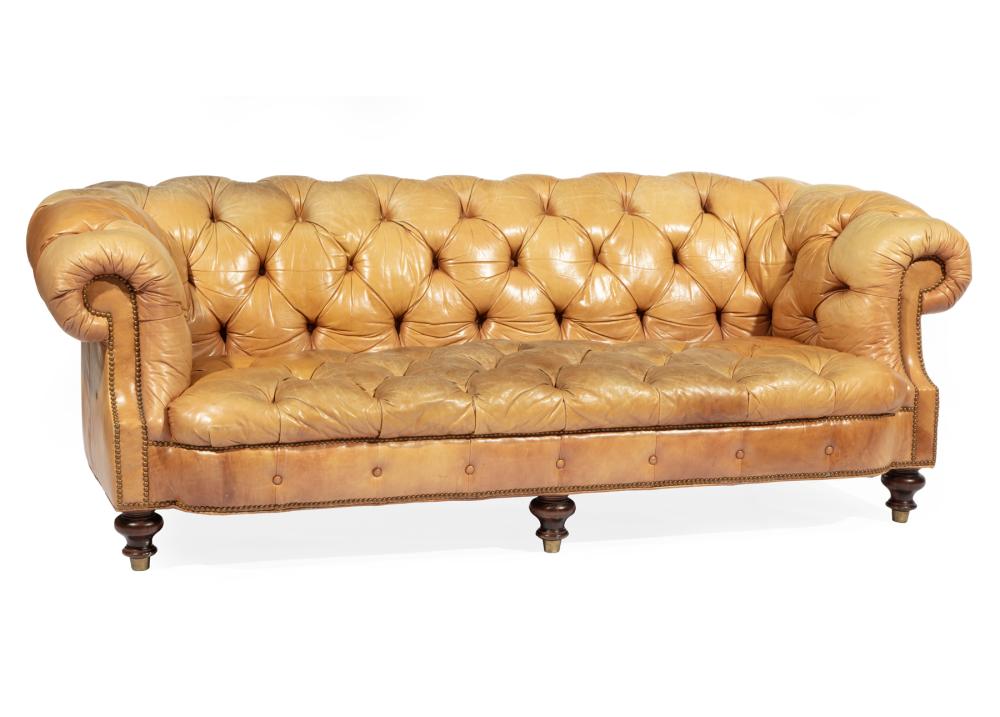 Appraisal: American Leather Chesterfield Sofa button tufted brass nailhead trim turned