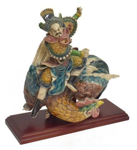 Appraisal: Chinese glazed pottery figural roof tile warrior astride a rooster