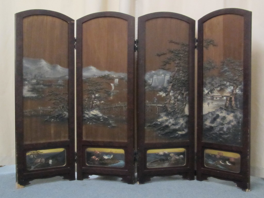 Appraisal: A Japanese four fold draught screen applied and painted with