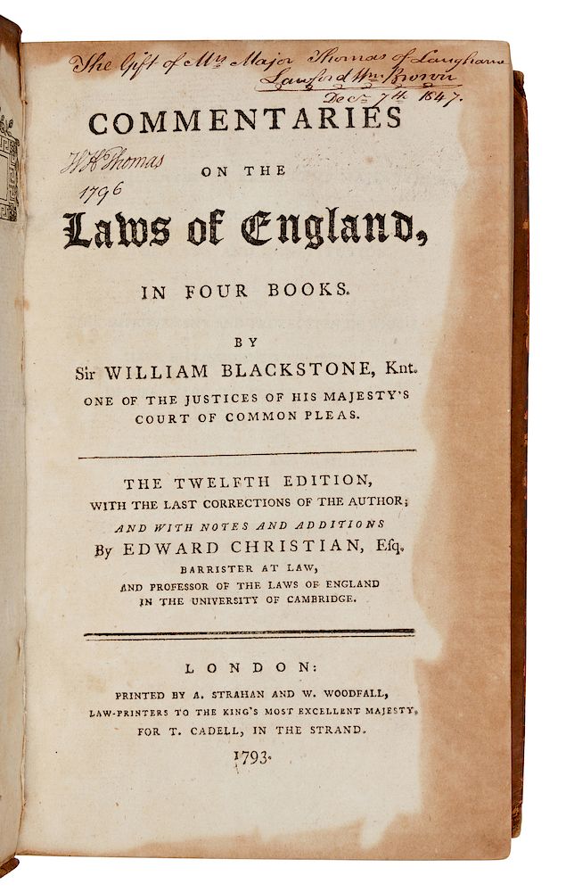 Appraisal: LAW BLACKSTONE William Sir - Commentaries on the Laws of