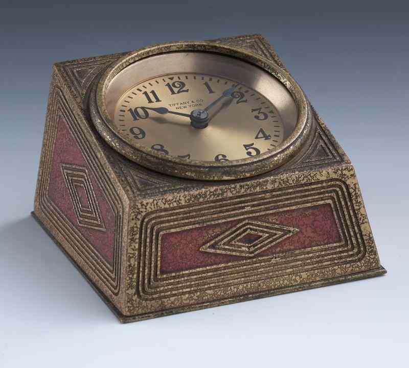 Appraisal: Tiffany Studios gilt bronze desk clock withgeometric decoration Dial marked