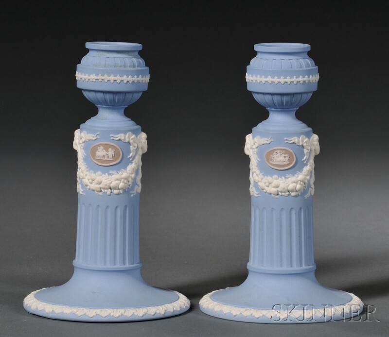 Appraisal: Pair of Wedgwood Three-color Solid Jasper Candlesticks England late th