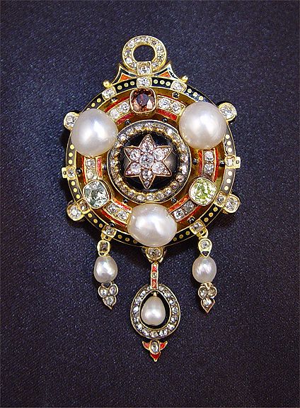 Appraisal: ANTIQUE K COLORED DIAMOND PEARL AND ENAMEL BROOCH PENDANT K