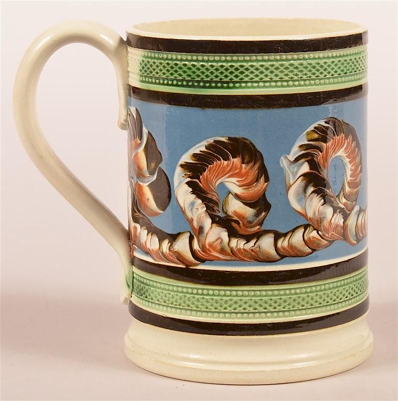 Appraisal: Looping Earthworm Mocha Decorated Tankard Looping Earthworm Pattern Mocha Decorated