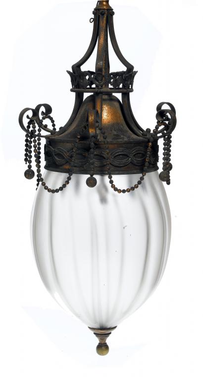 Appraisal: AN OXIDISED COPPER HALL LANTERN the frosted glass and fluted