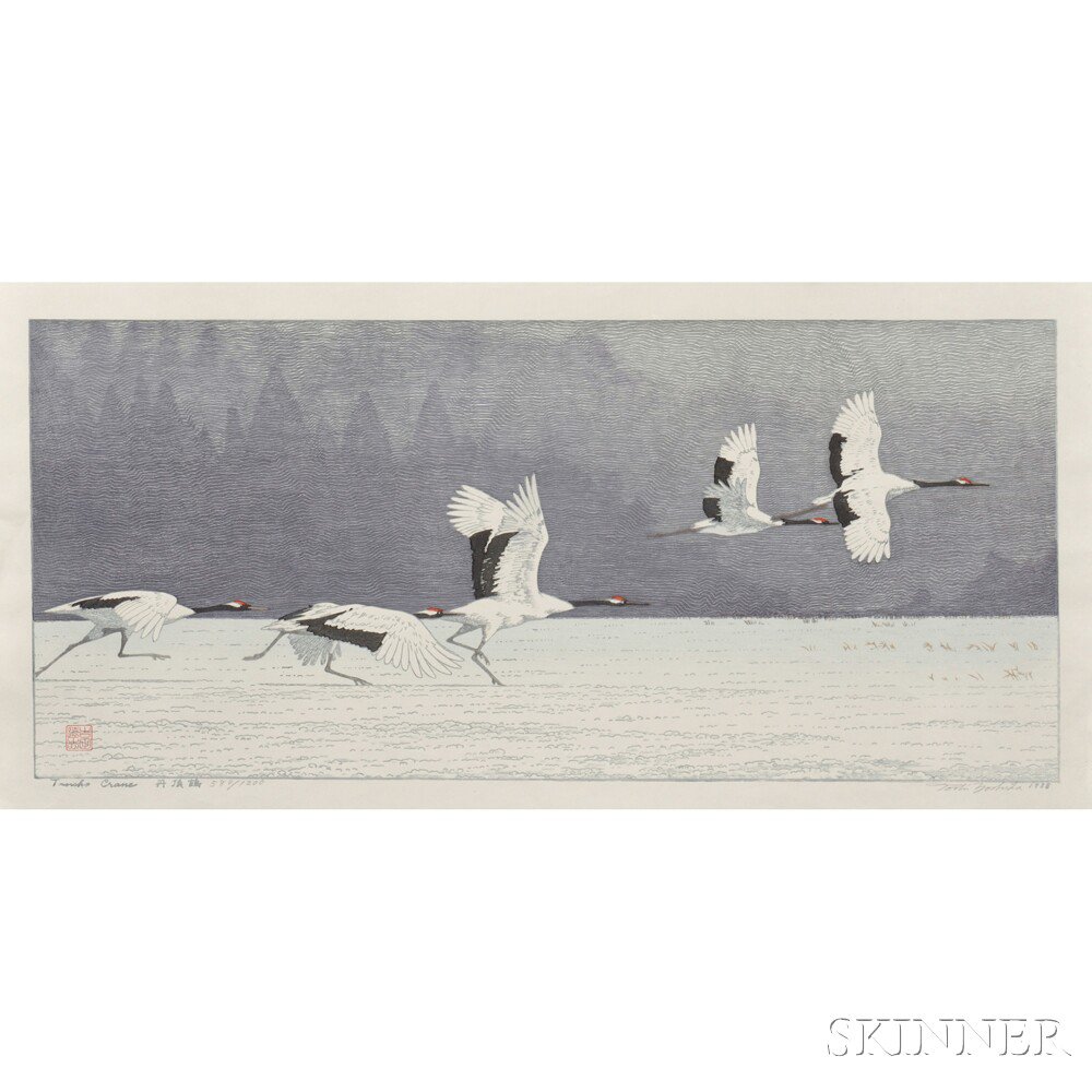 Appraisal: Toshi Yoshida - Tancho Crane Japan color woodblock print depicting