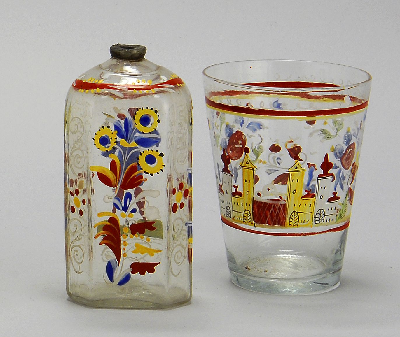 Appraisal: TWO PIECES OF EARLY BLOWN GLASS With enamel decoration Flip