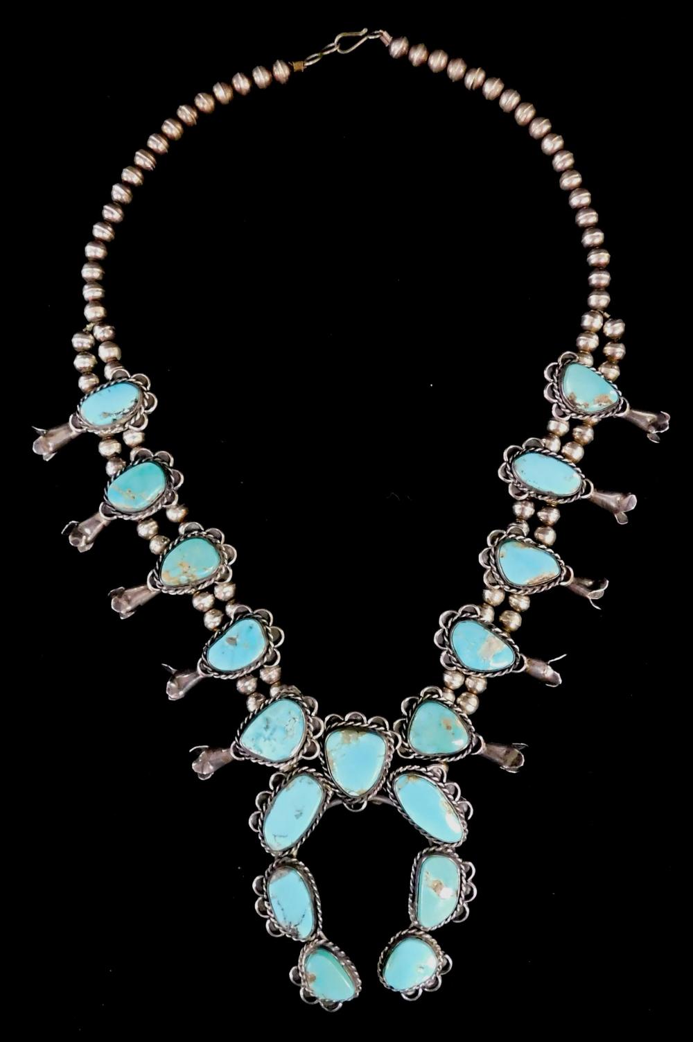 Appraisal: JEWELRY Navajo style squash blossom necklace silver and turquoise long