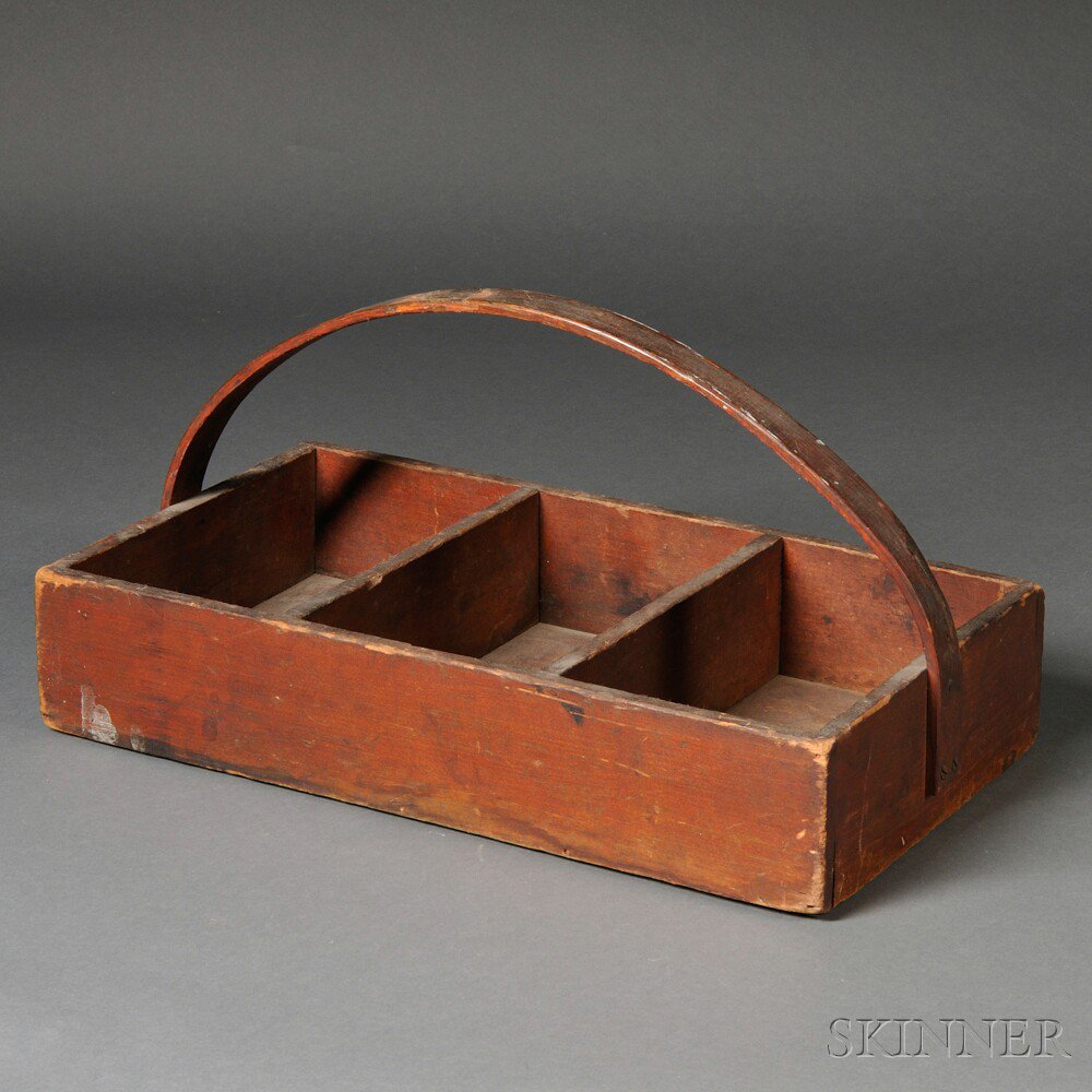 Appraisal: Red-painted Wooden Carrier America th century with three compartments and