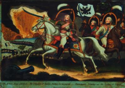 Appraisal: A GEORGIAN REVERSE PAINTED GLASS PICTURE depicting Napoleon in battle