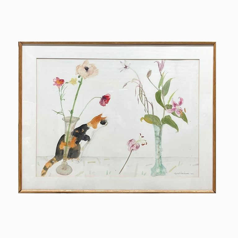 Appraisal: Dame Elizabeth Tabby Cat Poppies and Lilies Dame Elizabeth Violet