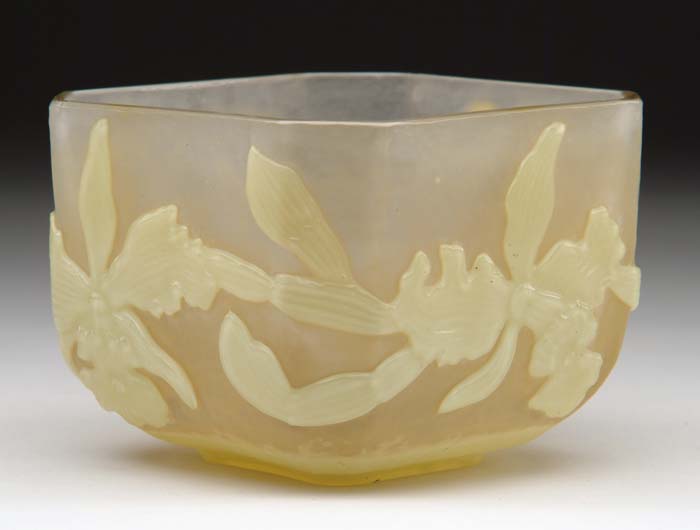 Appraisal: BURGUN SCHVERER BOWL Exceptionally well carved iris pattern decorates three