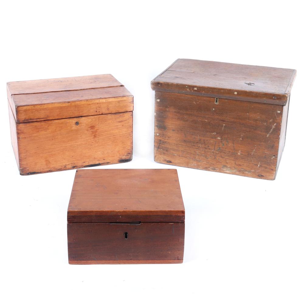 Appraisal: THREE PRIMITIVE WOOD BOXES EACH WITH KEY HOLE AND HINGED